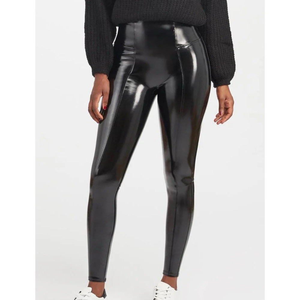 Spanx Faux Patent Leather Leggings In Black Sz M Grunge Moto‎ Pants Shiny